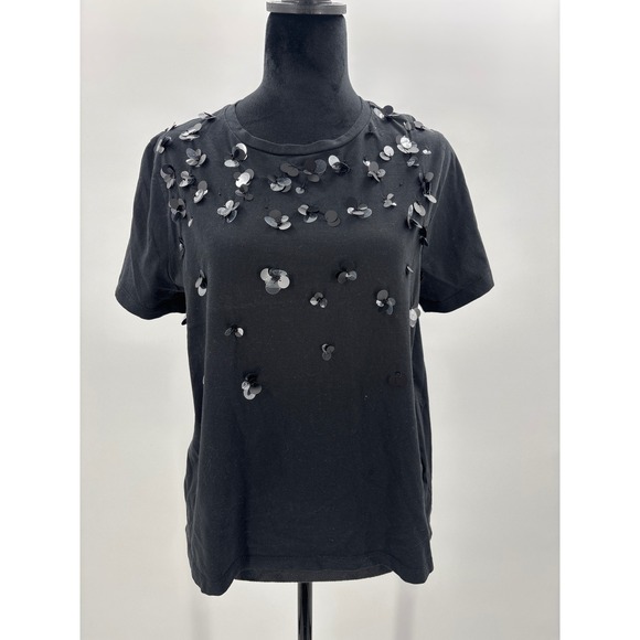 J. Crew Black Sequin Embellished T Shirt Women Size L Short Sleeve Top - Picture 2 of 8